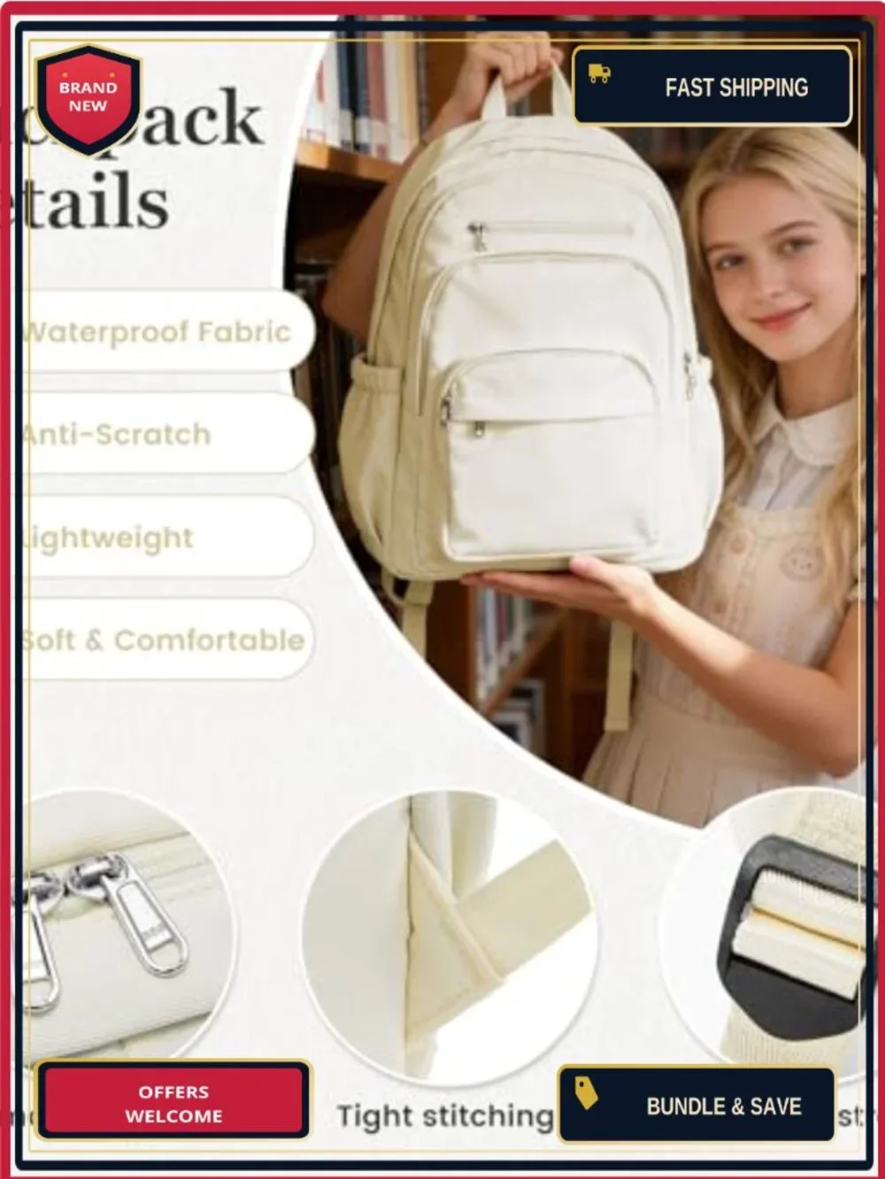 High School College Backpack with Lots of Pockets, Lightweight Nylon Daypack